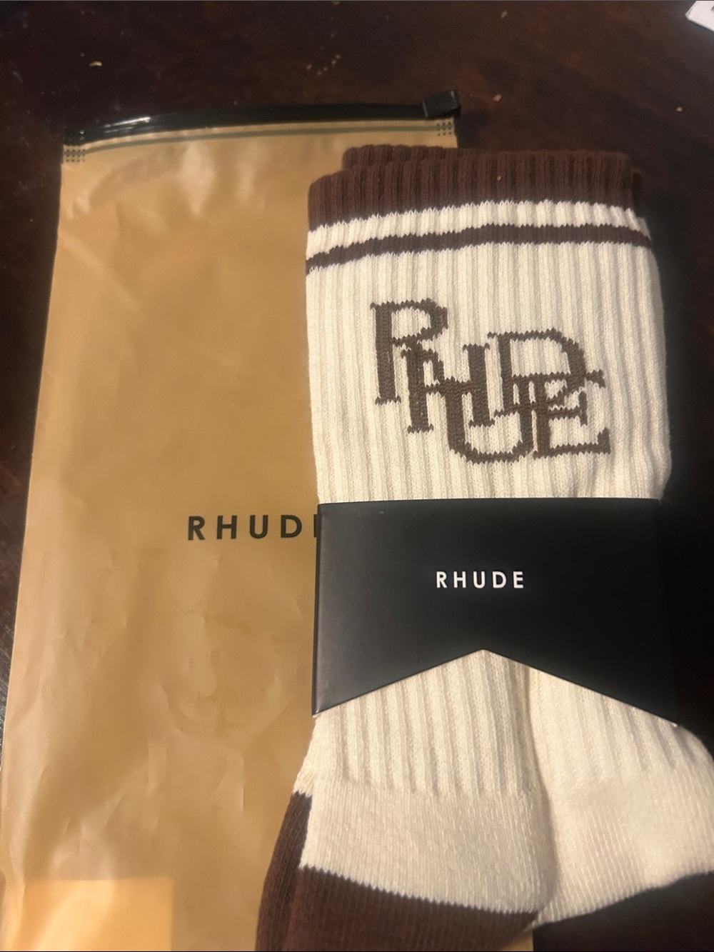 Rhude Cream and Brown Logo Ribbed Crew Socks